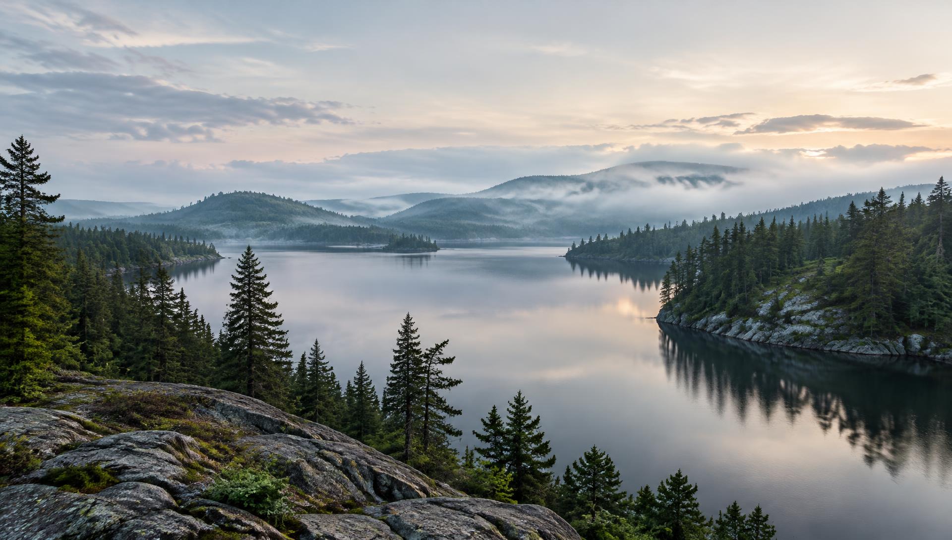 A quiet lake and forest inspired by Northern Ontario